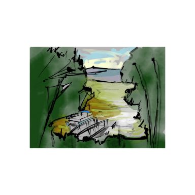 A serene landscape with a winding stream surrounded by lush greenery and a blue sky.